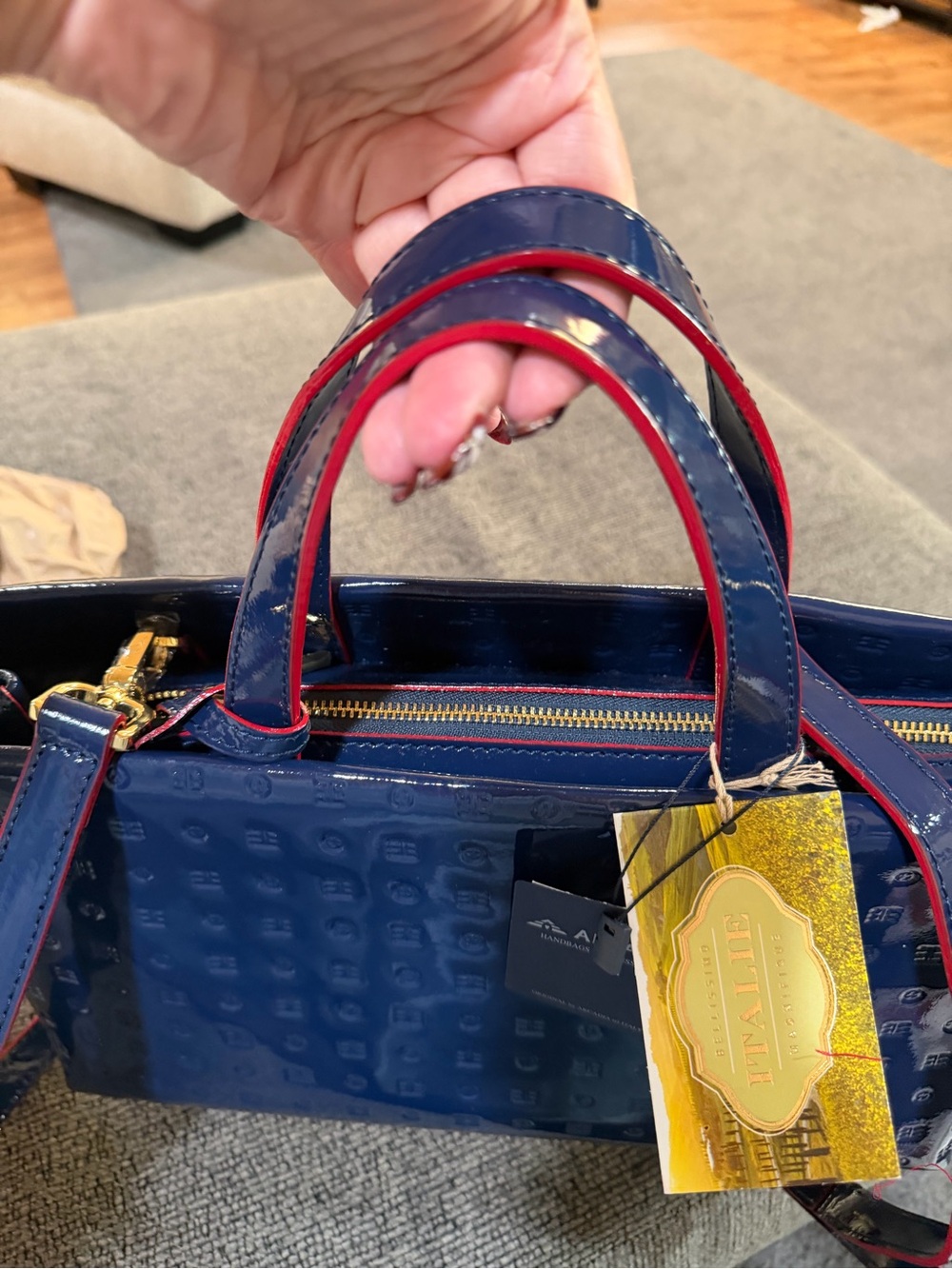 Arcadia Navy Patent Tote with Red-Trim Handles NWT - Picture 12 of 15